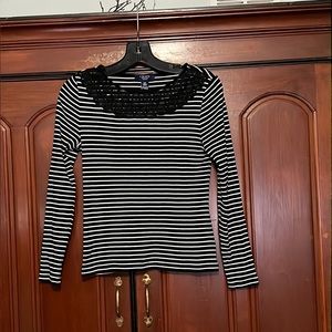 Chaps Black & White Stripes Long Sleeve Boat Neck Lace Front Size PS